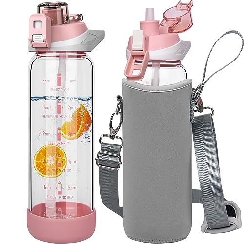 Seekua 800ml Glass Water Bottle with Straw & Time Markings BPA free Motivational Glass Drinking Bottle Leakproof