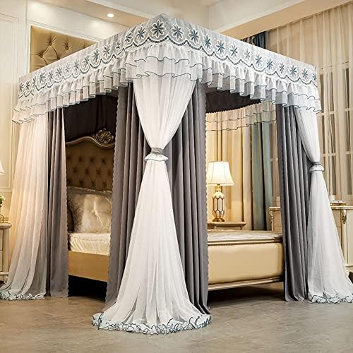 Princess Canopy Bed Curtains Double Layer Net for Girls - Elegant Four Poster Bed Canopy for Single/King Size Frame - Dreamy Bedroom Decor