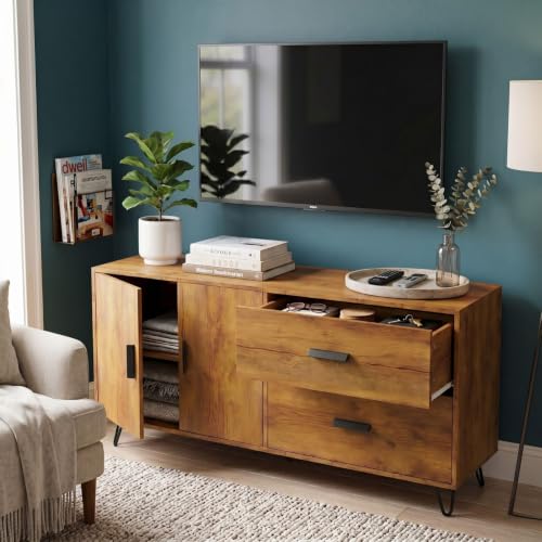 Image of FFO Haven Sideboard Cabinet for Living Room | 2 Door Storage Cabinet with 2 Drawers, Modern Sideboard Cupboard for Bedroom, Dining Room & Hallway, Wood Finish Cabinet with Metal Hairpin Legs DIY