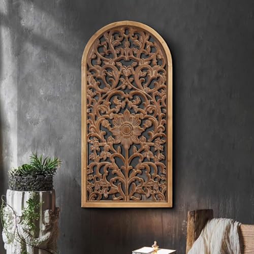 Image of Decor Delights Wall panel Floral MDF Wall Decoration Panel, Hanging Wood Carving Wall Decoration Panel for Living Room, Bedroom, Hallway, Office Wooden Wall Hanging Plaque, Wood Carving (Arch Brown)