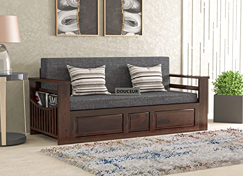 Image of Douceur Furnitures Solid Sheesham Wooden Sofa Cum Bed Queen Size with Storage for Living Room | Wooden Foldable 3 Seater Sofa Cum Bed with Headboard Folding Double Bed for Home Bedroom (Walnut)