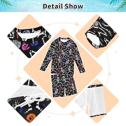 Colorful Skeleton Print Boys Swimsuit Rash Guard Toddler Kids Long Sleeve Swim Shirt and Trunks Swimwear Set 3-10Y3