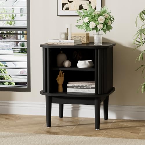 Image of Furniway Mid Century Nightstands Set of 2, Fluted Bedside Tables with Sliding Door Storage, Wooden End Tables with Solid Wood Legs for Bedroom, Black