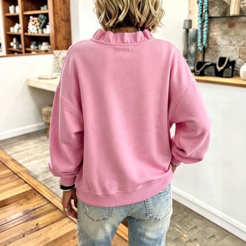 Women's Ruffle Vneck Sweatshirt Oversized Ruffled Hem Fleece Sweatshirts - image 4