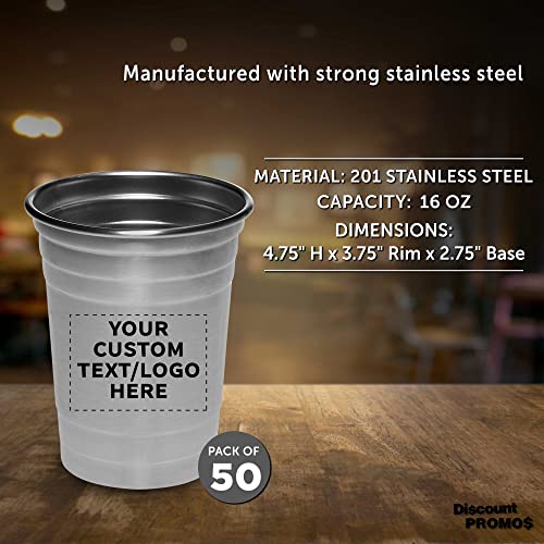 Custom Stainless Steel Beer Cups 16 oz. Set of 50, Personalized Bulk Pack - Perfect for Corporate Parties, Indoor & Outdoor Events - Silver