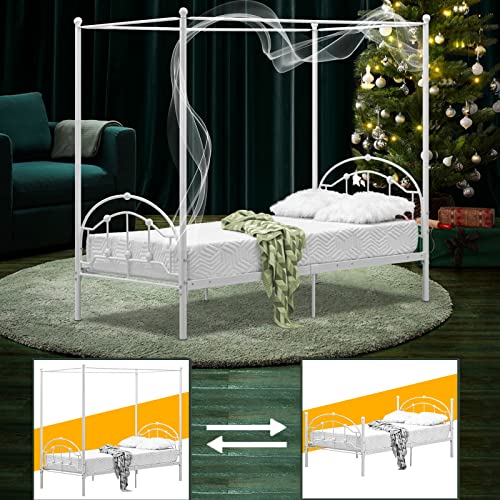 Bonnlo White Canopy Bed Frame Twin Four Poster Bed with Detachable
