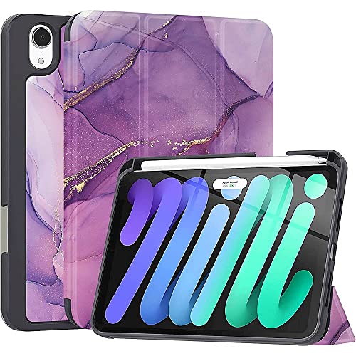 Étui iPad Mini 6 8,3" SaharaCase marbre violet antichoc avec support en cuir