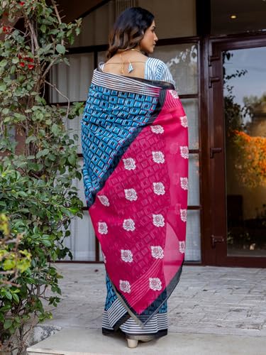 Image of SIRIL Women's Cotton Linen Printed Saree with Unstitched Blouse Piece