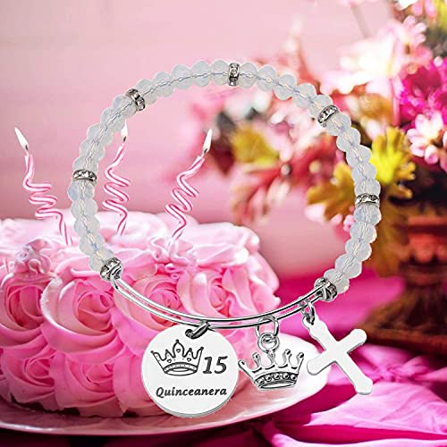 Image of FEELMEM Girl Sweet 15 Gift 15 Quinceanera Charm Beaded Bangle Bracelet Quinceanera 15th birthday Party Gifts for Her