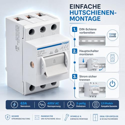 Hager SH363N Hauptschalter 63A 3-polig für Hutschiene, Ausschalter 400V AC, Kompaktschalter für Unterverteilung Hauptverteilung Schaltschrank DIN-Schiene 35mm 3x63 Ampere