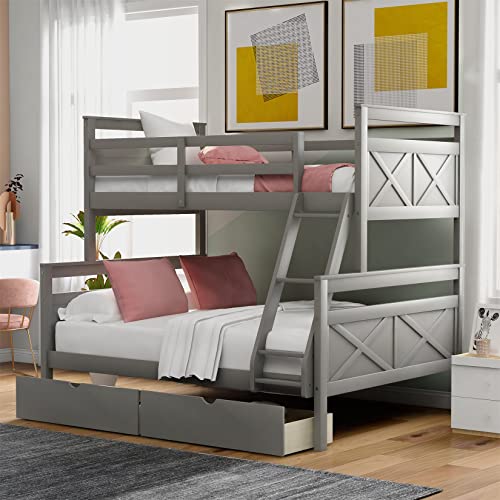 Harper & Bright Designs Twin Over Full Bunk Bed with Storage Drawers Wood Bunked Bed Frame Can Be Divided into 2 Beds for Kids Boys Girls Teens Bedroom, Gray