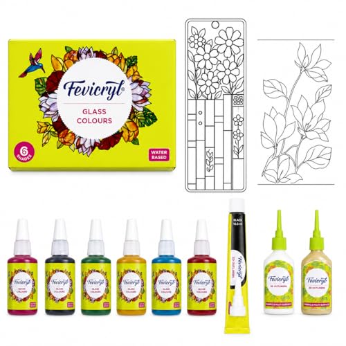 Image of Fevicryl Glass Colours Set of 6, Water‑Based, with Black Liner and Free Golden and Silver 3D Outliner for Stained Glass Painting, DIY Art and Craft on Bottles and Windows