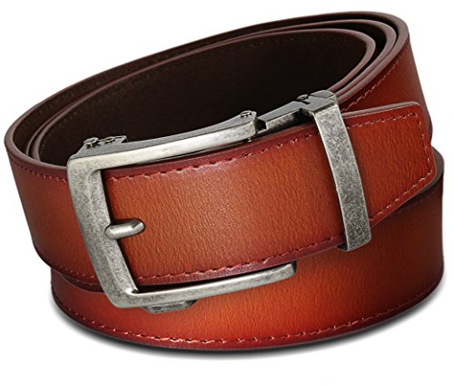 Men's Leather Ratchet Click Belt - Classico Antique Silver Buckle with Sienna Tan Leather Belt (Trim to Fit: Up to 35'' Waist)