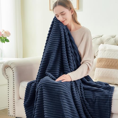 Image of BEDELITE Fleece Blanket Queen Size - 3D Ribbed Jacquard Soft and Warm Decorative Fuzzy Blankets - Cozy, Fluffy, Plush Lightweight Throw Blankets for Couch, Bed, Sofa(Navy Blue, 90x90 inches)
