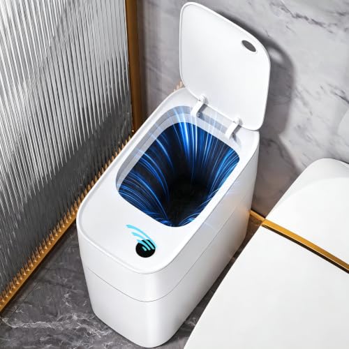 Image of MOPUP Trash Can with Lid Automatic Garbage Can, 3.5 Gallon Slim Small White Plastic Smart Trash Bin, Narrow Motion Sensor for Bedroom, Bathroom, Toilet Office