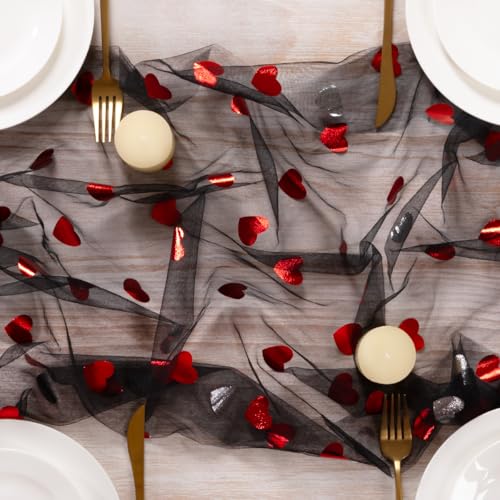 Image of Valentine Heart Table Runner Black Sheer Gauze Foil Table Runner 120 Inch