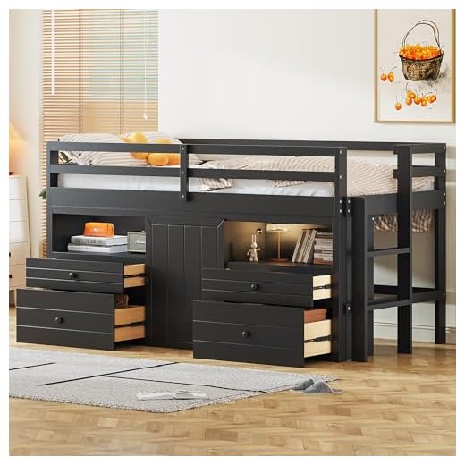 UNKNOK Twin Size Loft Bed with 4 Drawers, Underneath Cabinet and Shelves, Espresso
