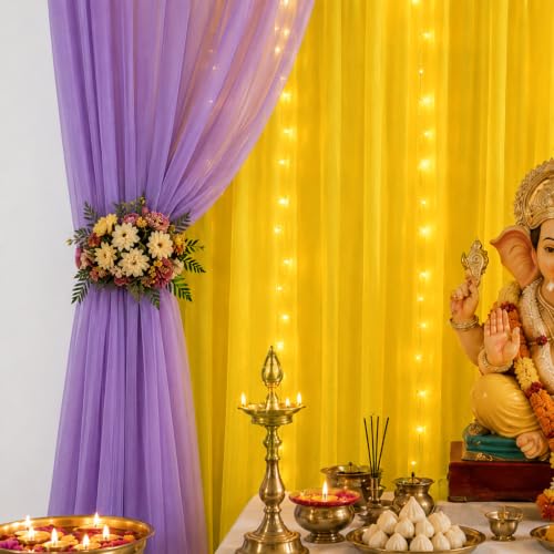 Image of SpecialYou Ganpati Decoration Setup for Home with Lavender & Yellow Back drop Curtain for Decorations, Ganapati Decoration Items for Home Decor-8pcs
