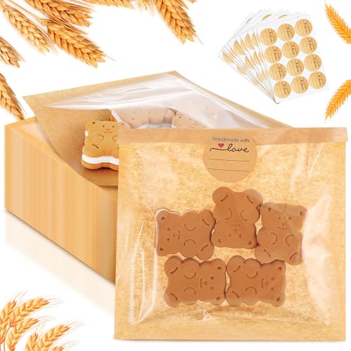 Outus 100 Pcs Cookie Packaging Bags with Seal, 6 x 6 Inch, Brown