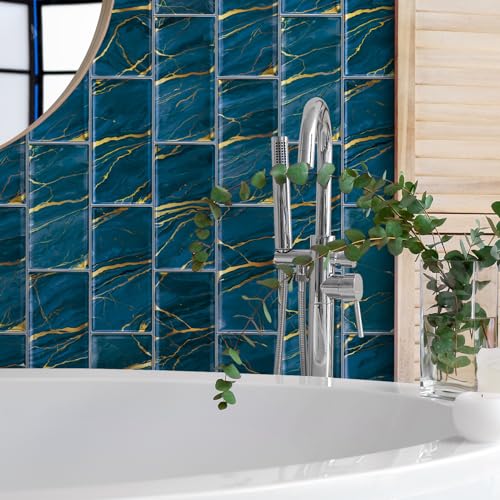 Azulejos Adhesivos Cocina Mármol De Oro Azul Vinilo Cocina Pvc Azulejos Adhesivos Baño Impermeable Baldosas Adhesivas Pared Duradero Revestimiento Pared Baño Vinilo Adhesivo 10.16x20.32cm/64 pcs
