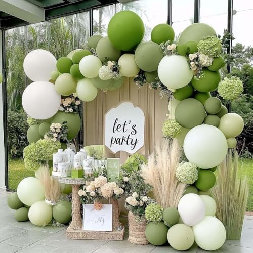 Image of Green Balloon Arch Kit Double Stuffed Olive Dusty Sage Green White Balloons Pastel White Avocado Balloon Garland For Baby Shower Birthday Bridal Shower Wedding Woodland Wild One Party Decoration