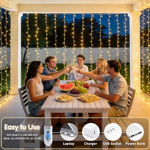Image of JMEXSUSS USB Plug in Curtain Lights 200 LED with 8 Modes, 6.5ftx6.5ft | Remote, Warm White Curtain Fairy Lights, String Lights for Bedroom, Classroom, Dorm, Wedding, Xmas, Party Decor