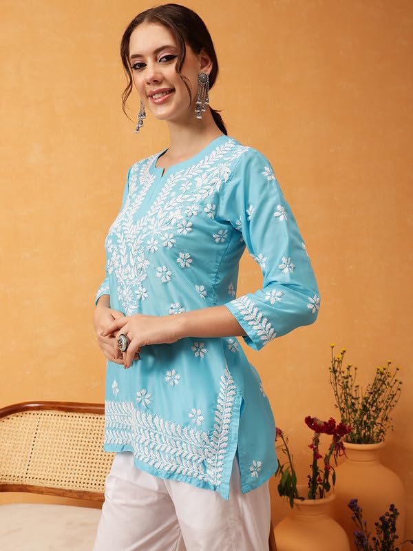 Image of Ada Hand Embroidered Lucknowi Chikankari Muslin Top for Women A911420 | Lucknowi Short Kurta Kurti Tunic Casual Wear Ethnic Wear Chikan Work Straight handcrafted top Kurti for Office