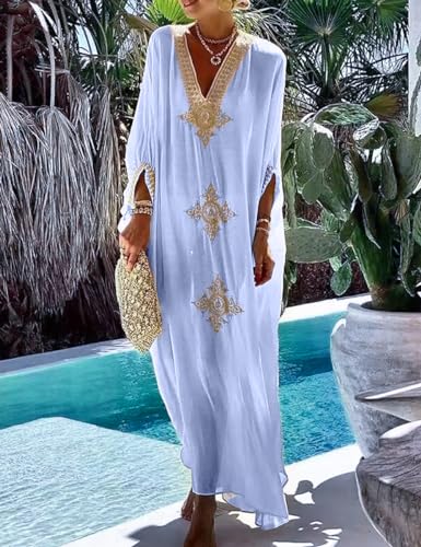 Bsubseach Gold Embroidery Long Kaftan Dresses V Neck Caftan Dress Beach Cover Ups for Women Embroidery3