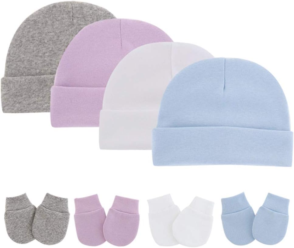 2 Pcs 0-3 Months Baby Anti Gloves Hat Set Soft Knitted Cotton Scratch Mittens Turban Cap