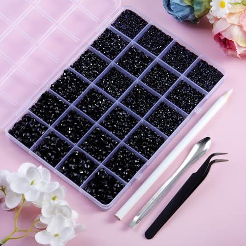 Image of Hotfix Rhinestones Kit,Black, Mixed 5 Sizes 14400pcs | Hot Fix Crystals, for Bedazzling Clothes Crafts, with Wax Pencil,Tweezers and Spoon,SS6-SS30