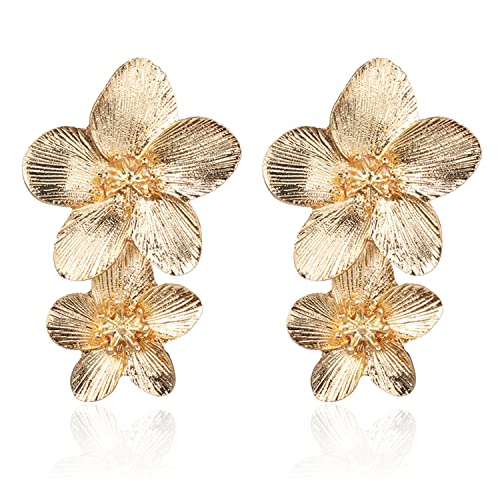 T-ztoss Bohemian Gold Elegant Flower Fashion Dangle Earring Cute Metal Flower Earrings Unique Chic 3D Large Flower Jewelry Gift for Women(double flower)