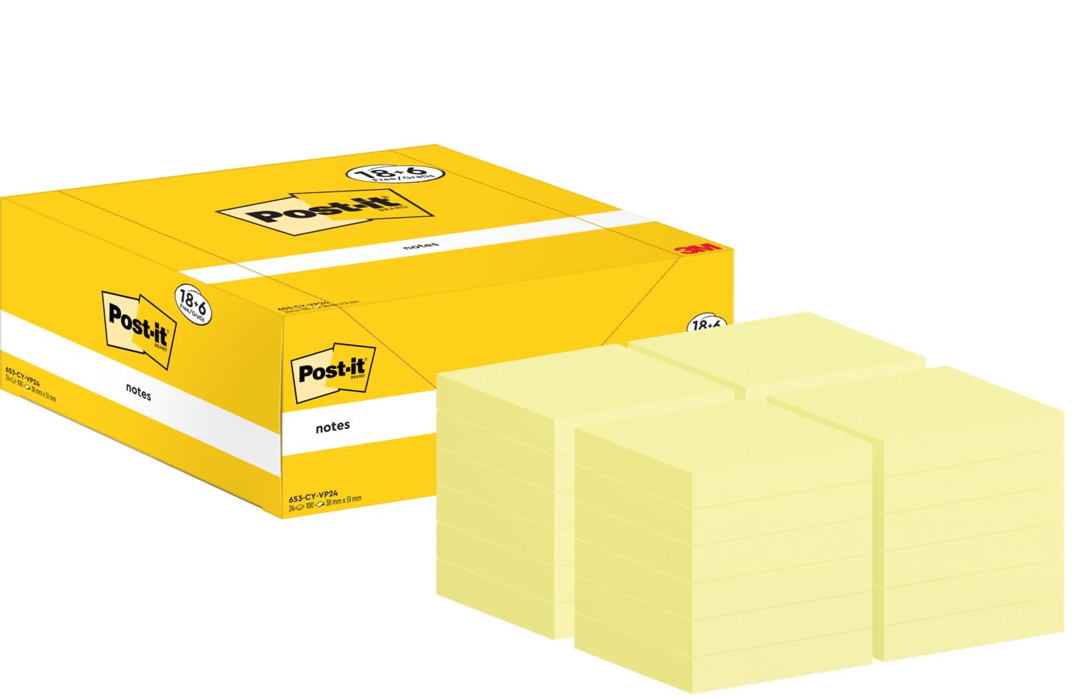 Post-it Notes Canary Yellow, Promo Pack 18 + 6 Free Pads, 100 Sheets per Pad, 38 mm x 51 mm, Yellow Color - Image 3