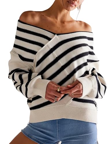 Women's Long Sleeve Striped Color Block Knitted Sweater V Neck Oversized Pullover Jumper Tops