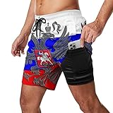 Mens Swim Trunks Russian Flag Russian Coat of Arms Beach Shorts with 2 in 1 Liner and Pocket