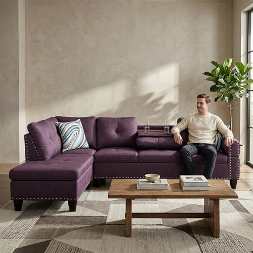 Image of L-Shaped Sectional Sofa, Modern 4-Seat Couch with Built-in Cup Holders, Upholstered Fabric Sectional Couch with Left Facing Chaise for Living Room, Apartment, Office, Purple