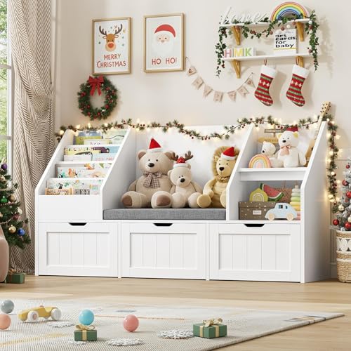 FOTOSOK 55.1’’ Kids Bookshelf with Reading Nook, Toy Storage Organizer with Seat Cushion and 3 Movable Drawers, Kids Reading Nook Toy Organizers and Storage with Bench for Playroom, Bedroom, White
