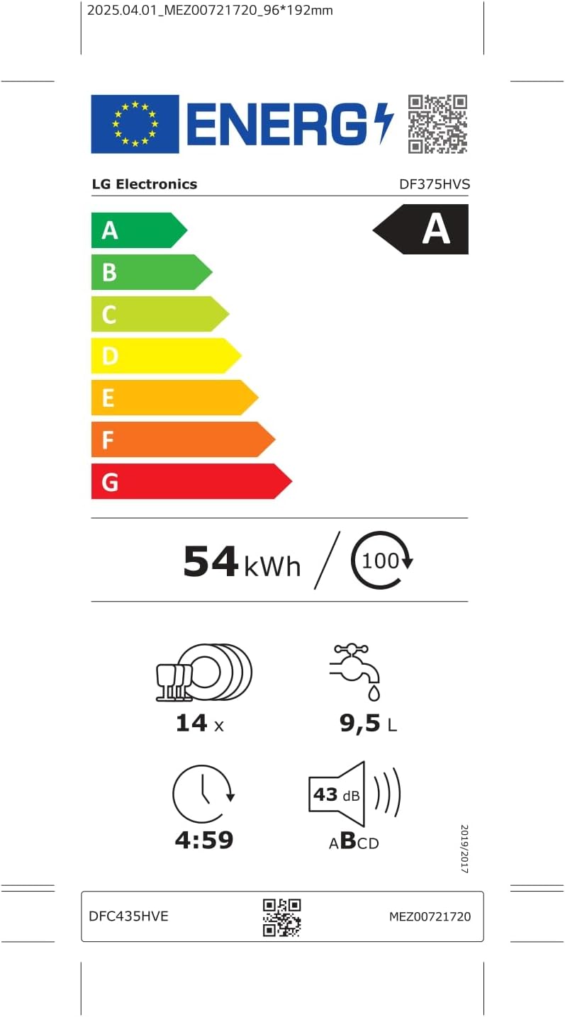 EU Energy Label for LG DF375HVS dishwasher, showing Class A efficiency, 54 kWh/100 cycles, 14 place settings, 9.5 L water consumption, 4:59 cycle duration, and 43 dB noise level.