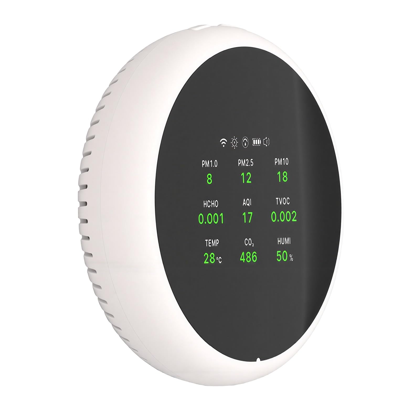 Zunate Moniteur Intelligent de qualité de l'air Intérieur CO2 PM2,5 PM10 TVOC HCHO avec Affichage de la Température et de l'humidité, Testeur de qualité de 'air Rond Blanc pour le Bureau à Domicile