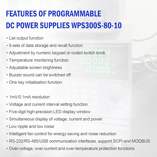 Image of MATRIX Wide Range Programmable DC Power Supply WPS300S-80-10, 80V 10A 300W Adjustable Power Supply with 1mV /0.1mA Resolution and USB, Bench Power Supply Variable with List Output and 9 Groups Storage