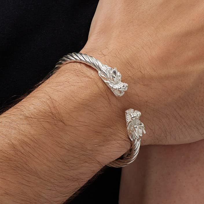 Treasure Bay Men's Sterling Silver Bangle Bracelet with Dragon Design - Image 4