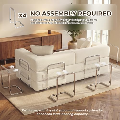 Image of GRUSIGN 78 Inch Convertible Sofa Bed, 5-in-1 Futon Sofa Bed Pull Out Couch, Boneless Couch Bed for Living Room, Corduroy Boneless Couches for Bedroom, Apartment, No Assembly Sleeper Sofa Bed, Beige