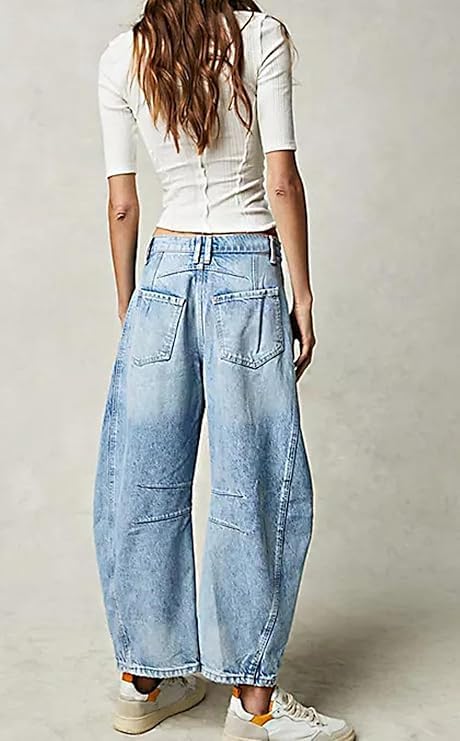 Barrel Jeans Women,Mid Rise Barrel Jeans for Women Wide Leg Loose Y2K Boyfriend Baggy Jeans Cropped Denim Pants with Pockets3