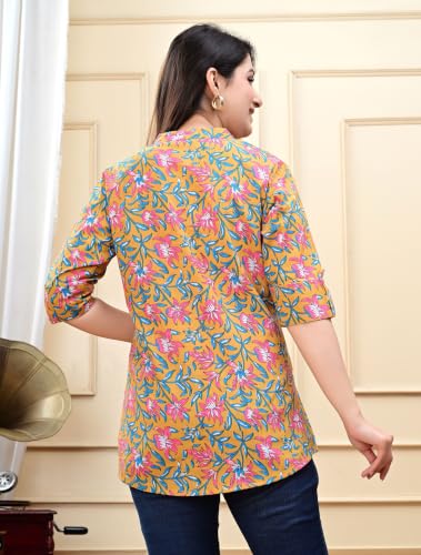 Image of Women's Rayon Floral Printed Short Kurti | Regular Fit | Mandarin Collar | Casual Wear for Office, College