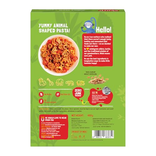 Image of Slurrp Farm No Maida Jungle Pasta | Made with 100% Durum Wheat /Semolina /Suji | 100% vegetarian & Cooks in 8 minutes | Made in fun animal shapes like monkey, giraffe, elephant, tiger and rhino