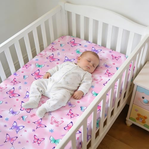 Image of JISEN Baby Fitted Crib Sheets for Boys Girls 52x28 Inch Butterfly Pink