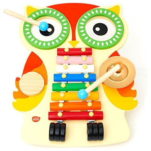 Musical Instruments for babies , Wooden Toy Musical Table with Xylophone, 2 Drums, Cymbal, Guiro and 2 Beaters - Music set for toddlers; Baby Musical Instruments Educational Wooden Toy Percussion Sound Toy Gift for Toddlers in Owl Shape Design Cover