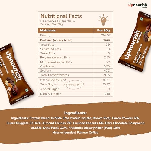Image of Upnourish by Pluckk Plant Protein Bar - Pack of 12 (50g Each) | 15g Protien , 2g Fiber | No Added Sugar & Preservatives | Protein Bar without sugar | Lactose & Gluten Free | Gut Friendly | Cafe Mocha Flavoured - 300g