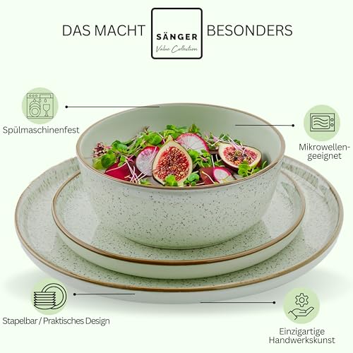 SÄNGER Rio Minze | Tafelservice 18 teilig, Steingut Geschirr Set 6 Personen, 6x Speiseteller 6x Dessertteller 6x Schalen Geschirrset und Schale mintgrün | VALUE COLLECTION