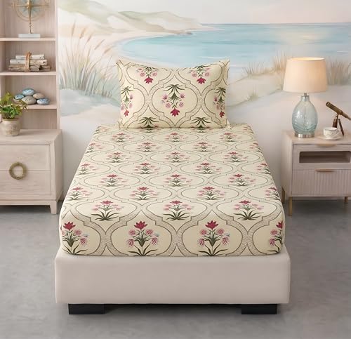 Image of BSB HOME 220 TC Cotton Fitted Single Bedsheet with 1 Pillow Cover, Soft Breathable, Elastic Fit, Fade Resistant, Easy Care - 36 x 72 + 6 Inches (Classic Floral Cream)
