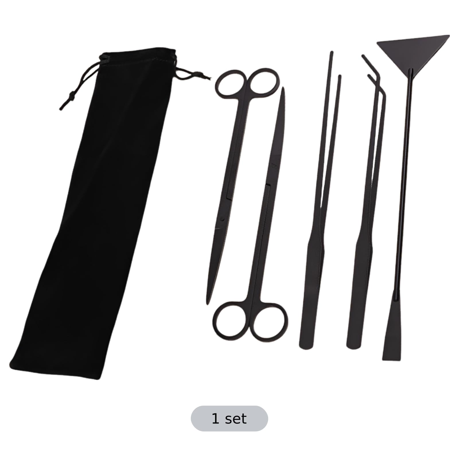 5 TLG. Aquarium Werkzeug Set, Schwarze Lange Edelstahl Werkzeuge für Wasserpflanzen, mit Flacher Sandschaufel, gerader und gebogener Pinzette, Schere, rostresistentes Aquascaping Set